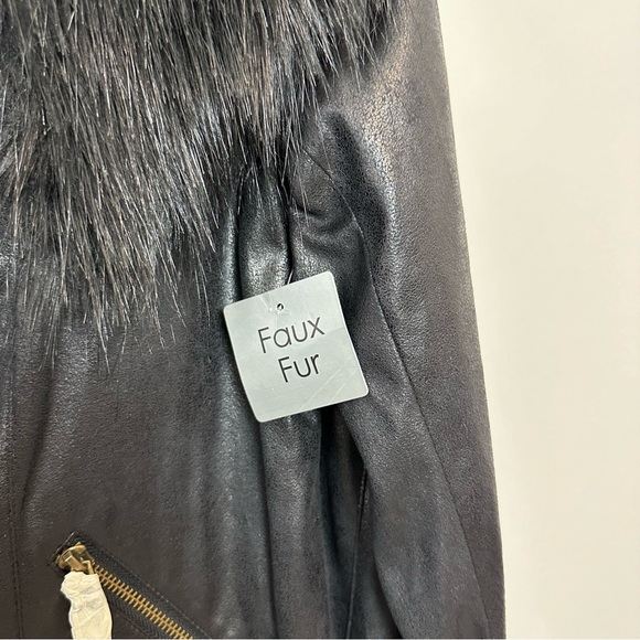 NWT IMAN Moto Jacket Faux Suede Fur Collar Zip Black Vegan Coat Large - Picture 3 of 13